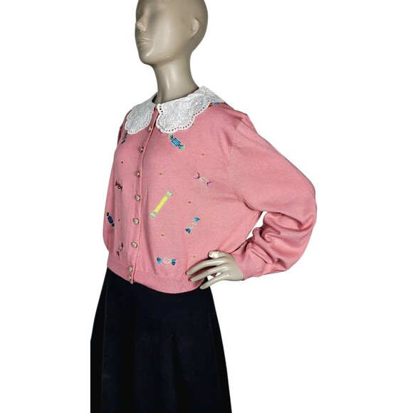 Royal Monk 50s Pink Lace Collar Candy Embroidered Opal Button Cardigan Sweater - Picture 11 of 14